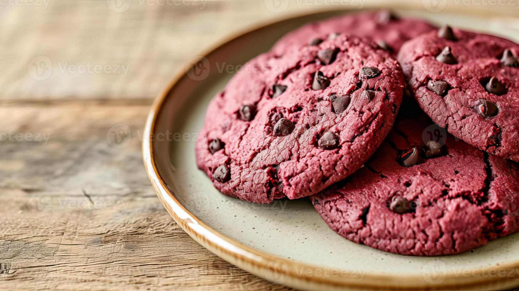AI generated Vegetarian cookies with beet juice and chocolate chips on a platter on a light wood countertop. AI generated. photo