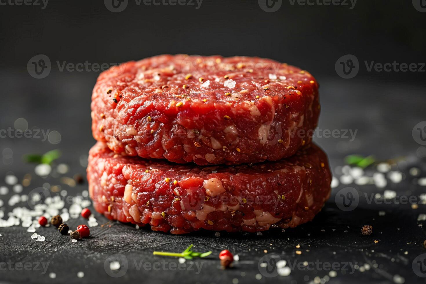 AI generated Burger patties made from raw ground beef on a black background. AI generated. photo