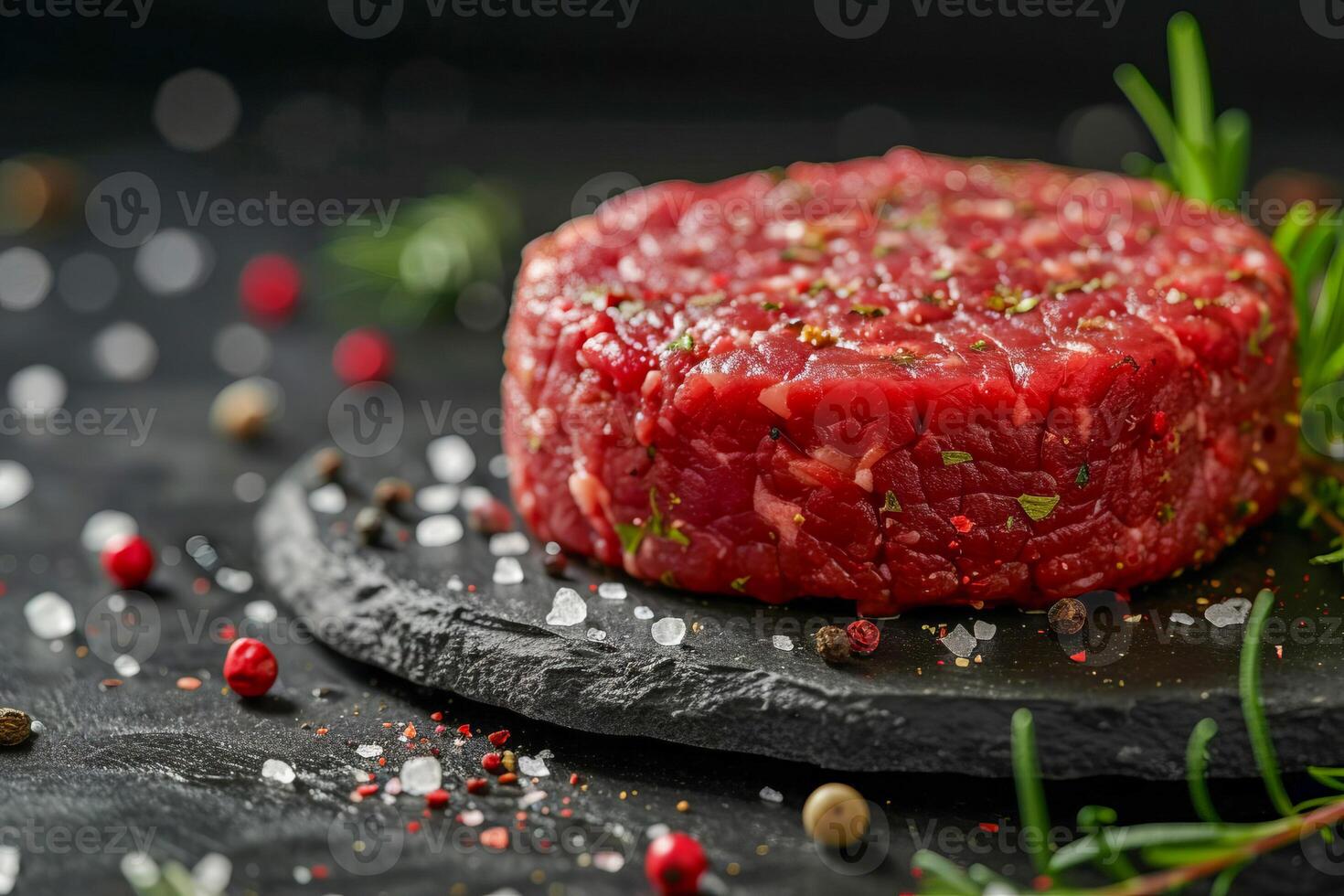 AI generated Burger patty made from raw ground beef on a black background. AI generated. photo