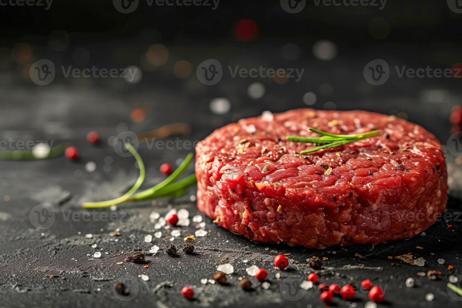 AI generated Burger patty made from raw ground beef on a black background. AI generated. photo