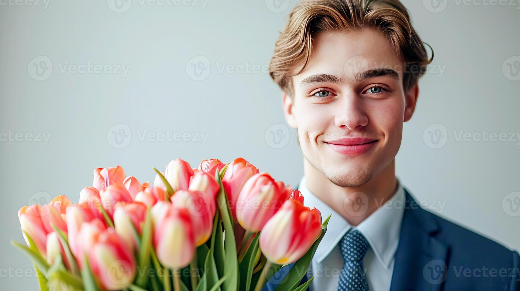 ai generado un joven hombre en un clásico traje con un Corbata sostiene un ramo de flores de tulipanes y sonrisas ai generado. foto