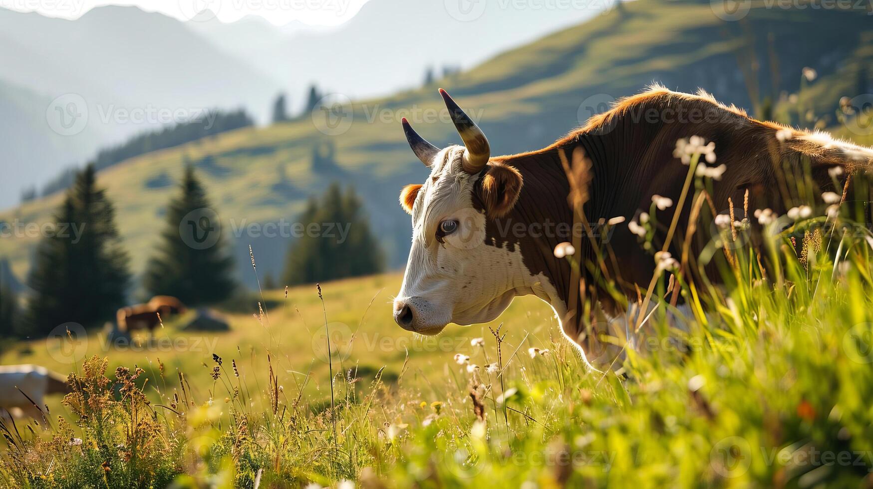 AI generated Cow on a pasture in a mountainous area. AI generated. photo