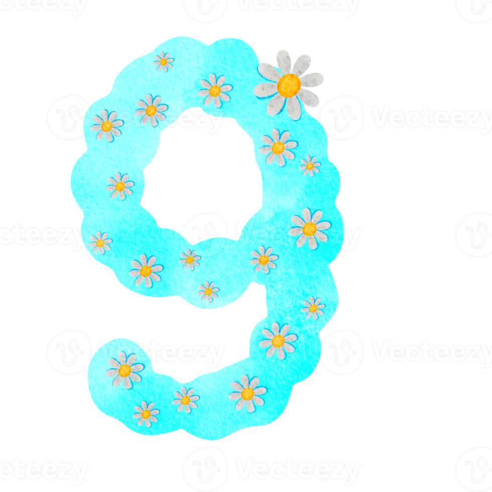 Illustration, number, png, blue with white flowers png