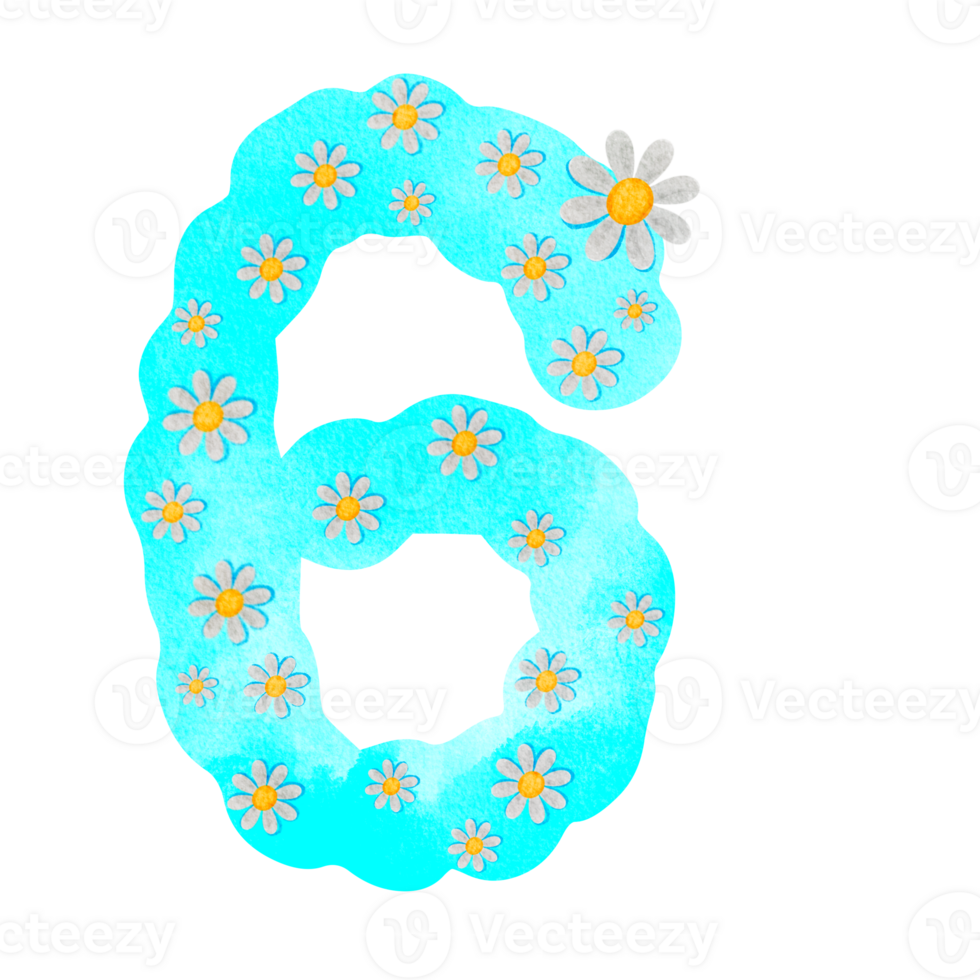Illustration, number, png, blue with white flowers png