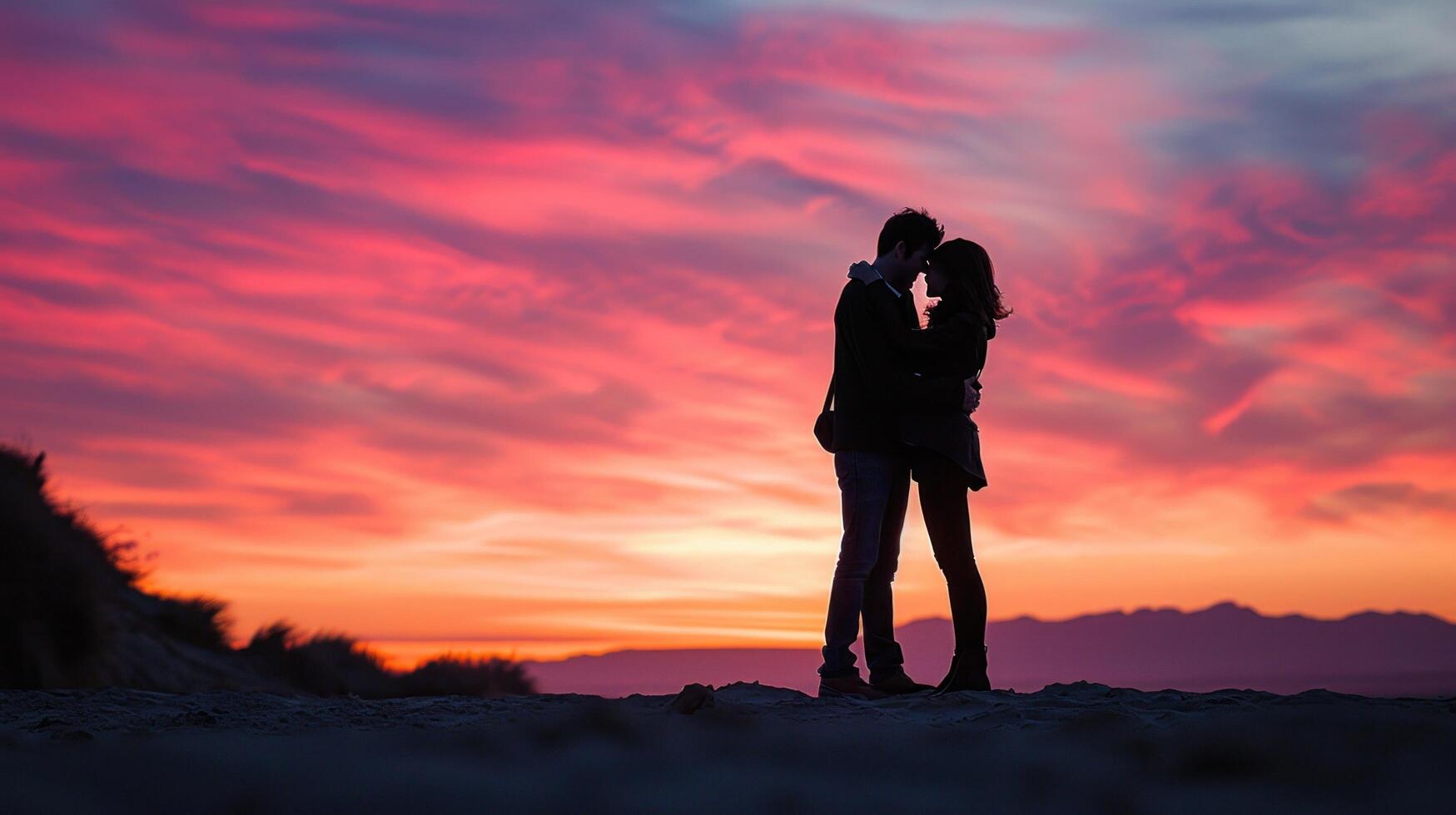 AI generated breathtaking image capturing the silhouette of a couple embracing against a vibrant sunset photo