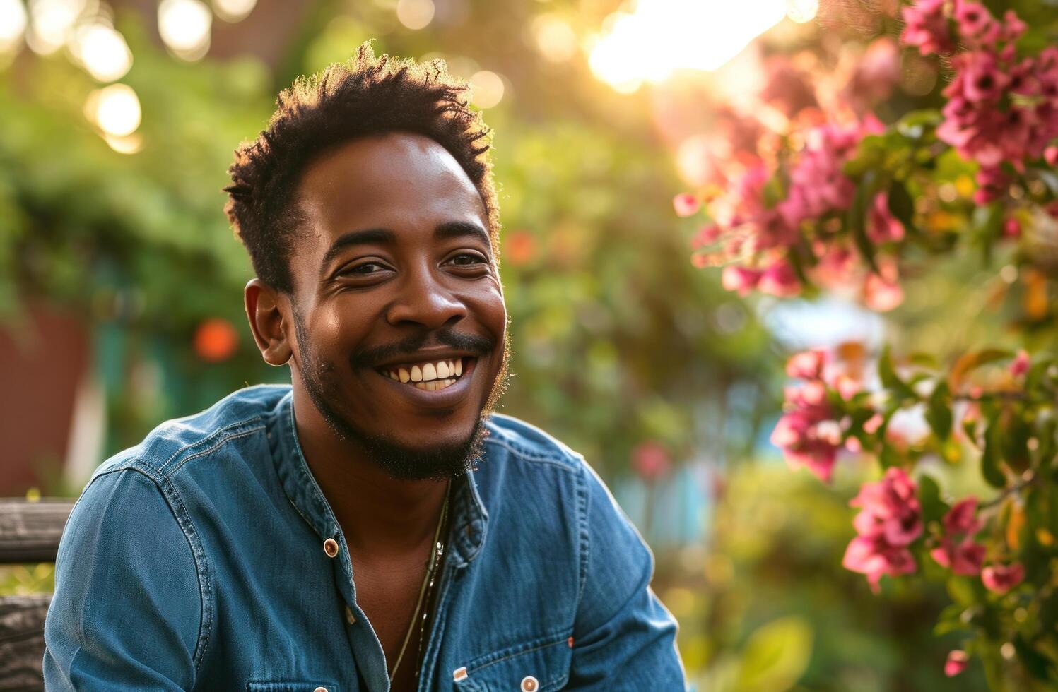 AI generated happy male smiling in a blue shirt outdoors while having a party photo