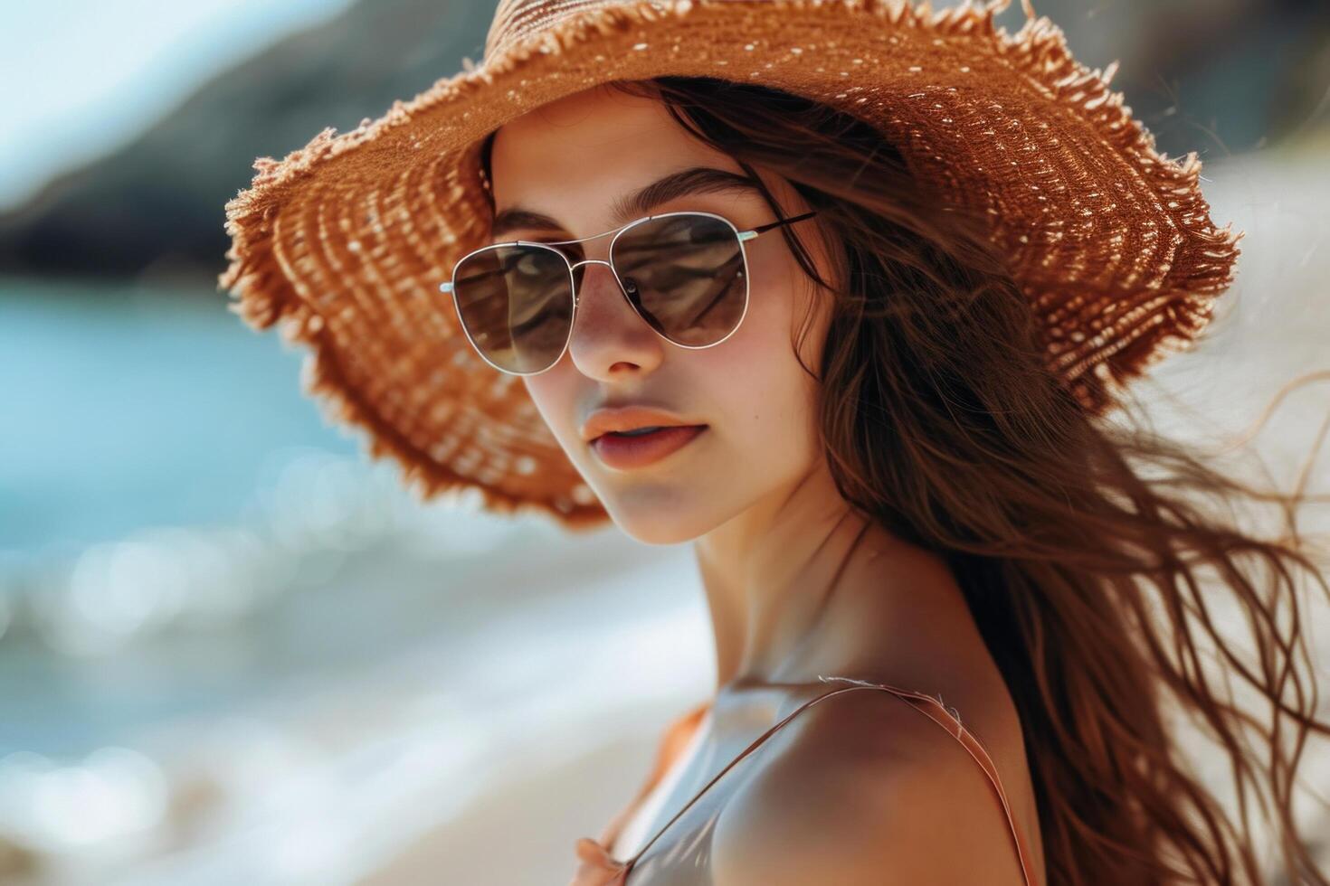 AI generated a beautiful girl wearing an oversized hat and sunglasses at a beach photo