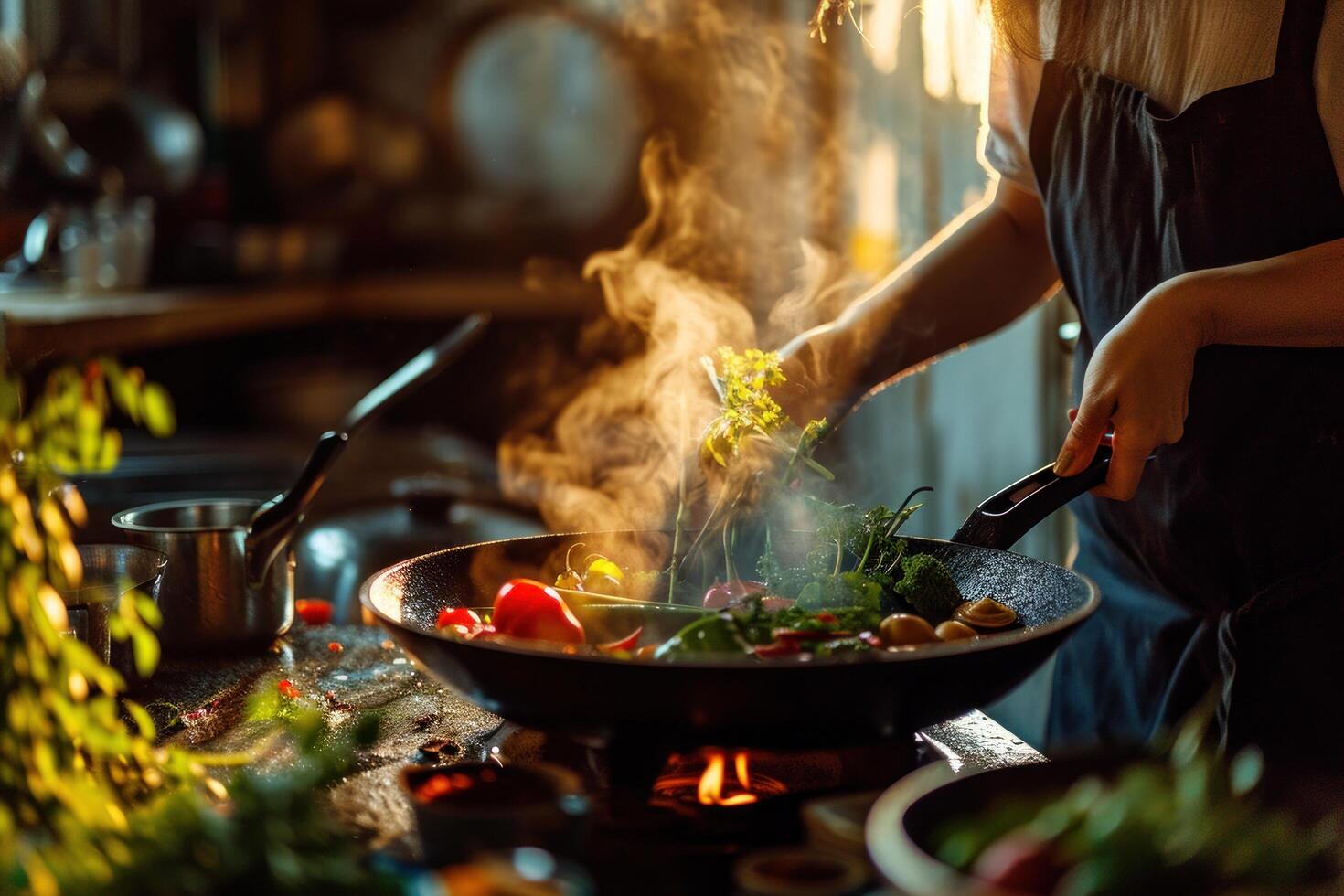 ai generado un mujer vierte vegetales dentro un wok foto