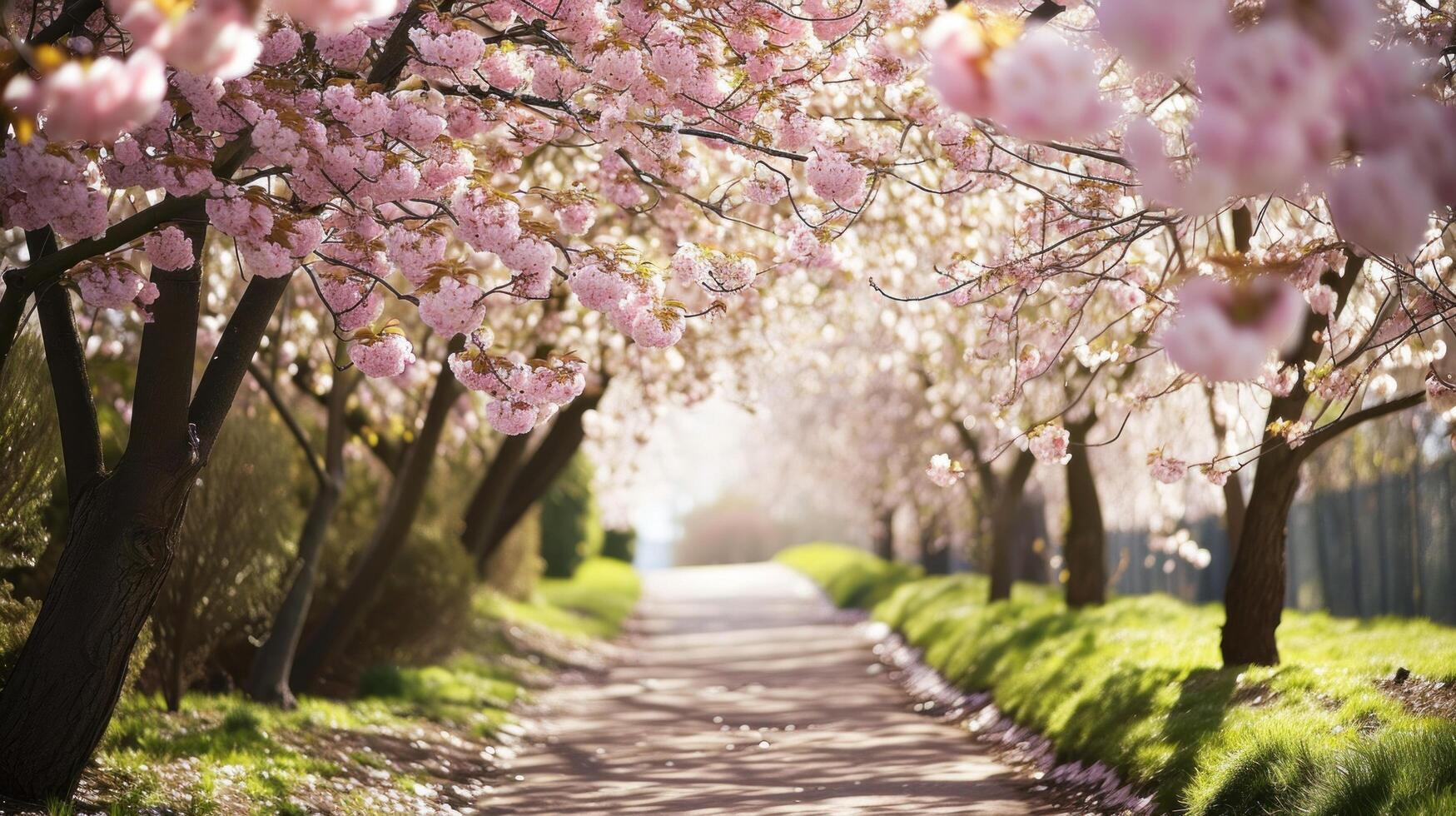 AI generated peaceful stroll beneath a canopy of blooming cherry blossoms photo