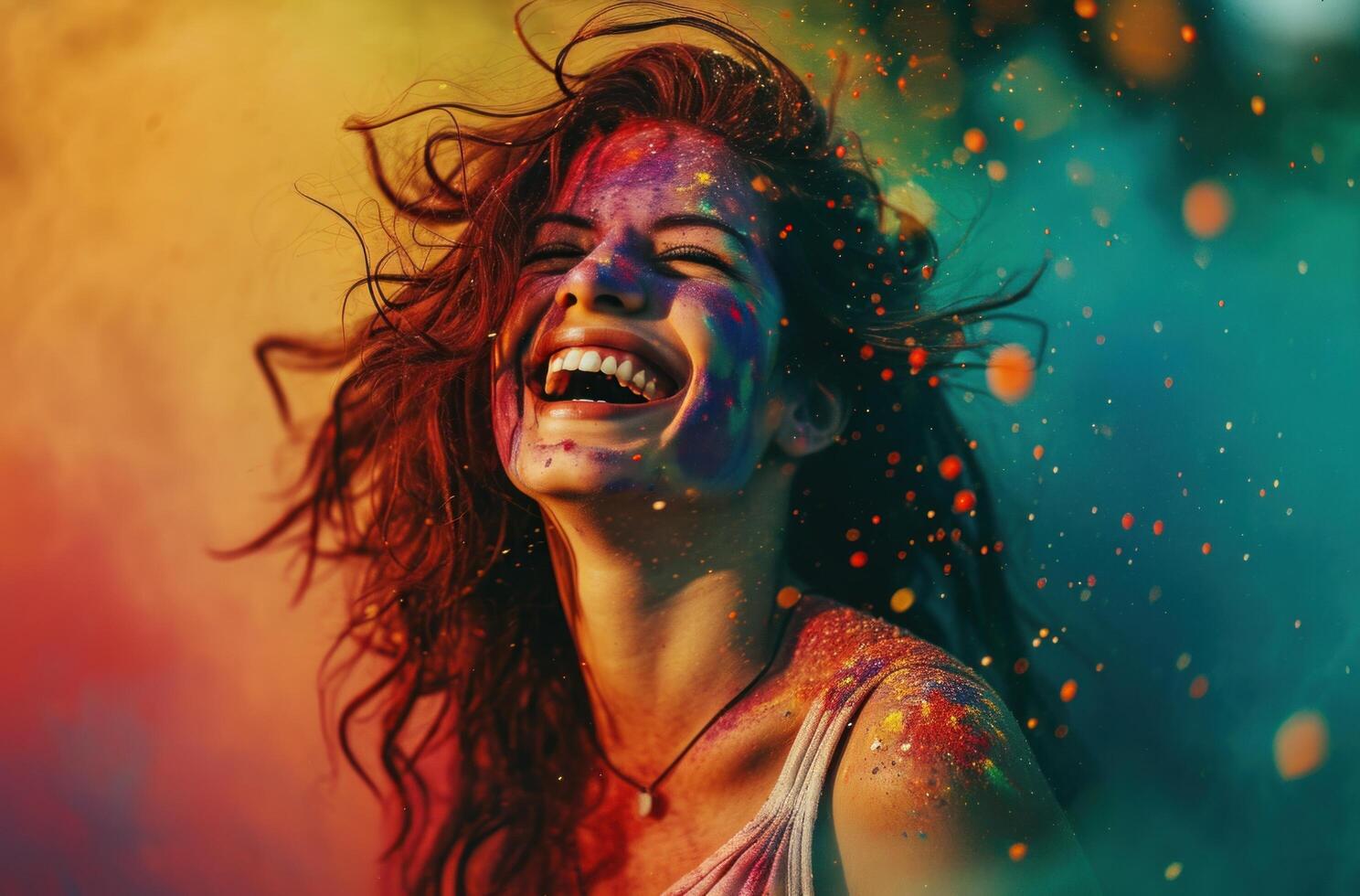 AI generated girl laughing with color powder photo