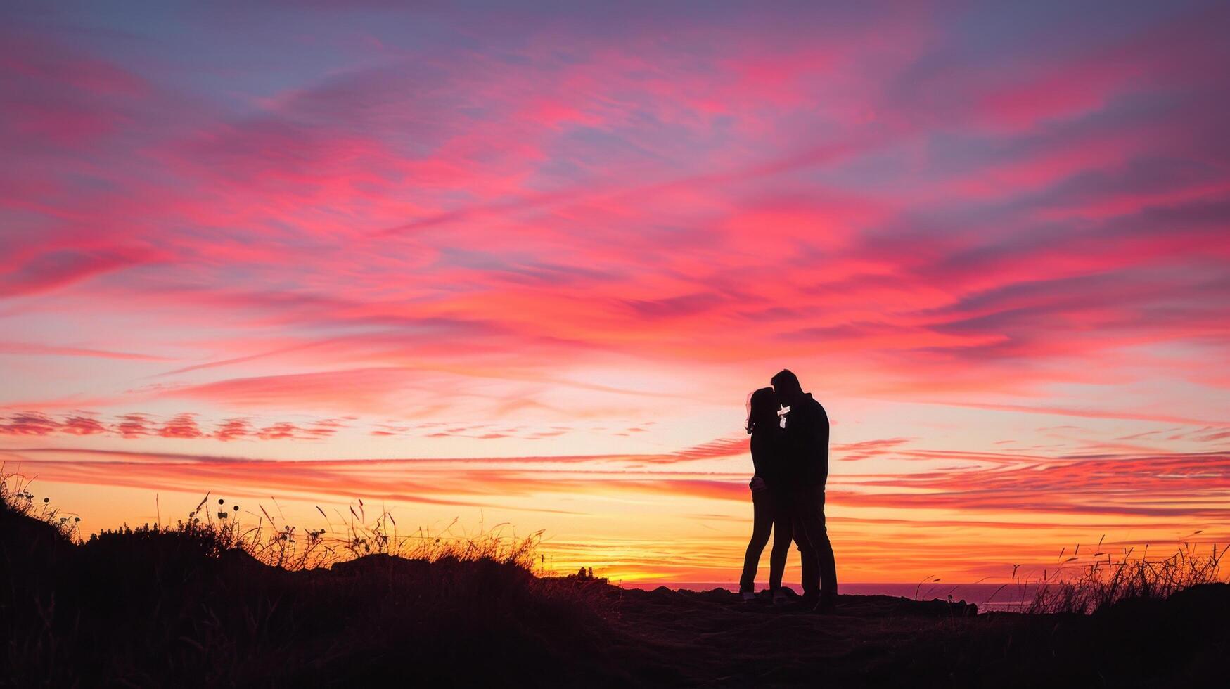 AI generated breathtaking image capturing the silhouette of a couple embracing against a vibrant sunset photo