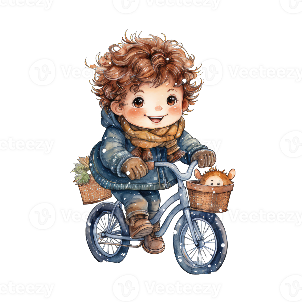 AI generated Watercolor boy ride a bicycle clipart png
