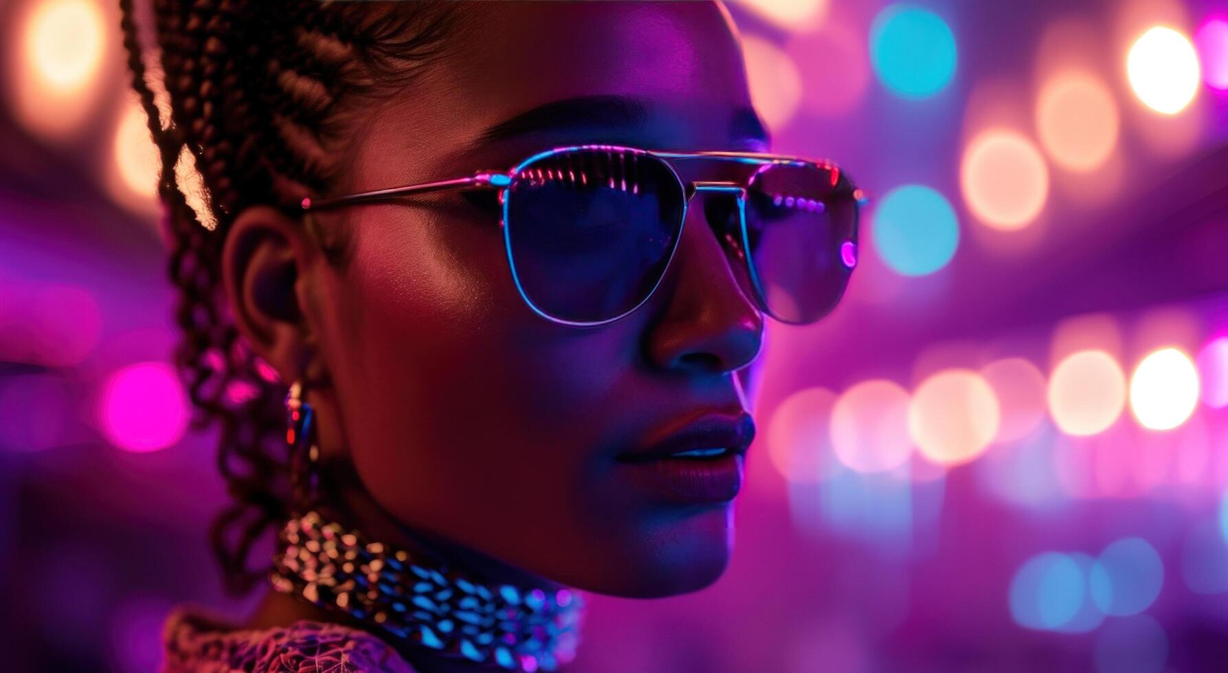 AI generated a girl in sunglasses and neon at nightclub photo