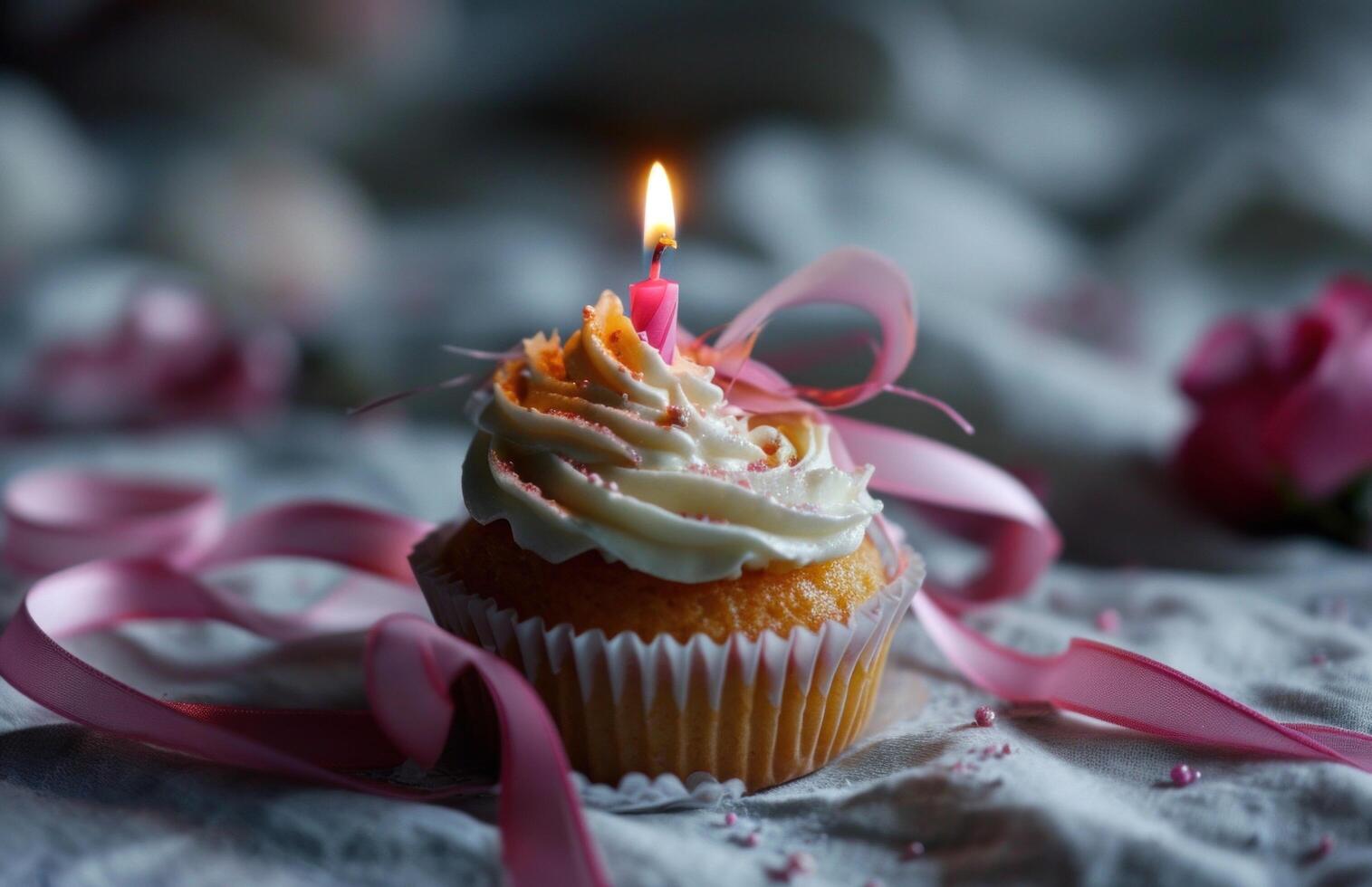 AI generated tiny cupcake with candle and pink ribbon photo