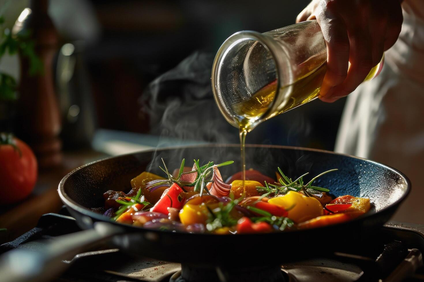 AI generated a person pouring oil into a skillet with vegetables and fruits photo