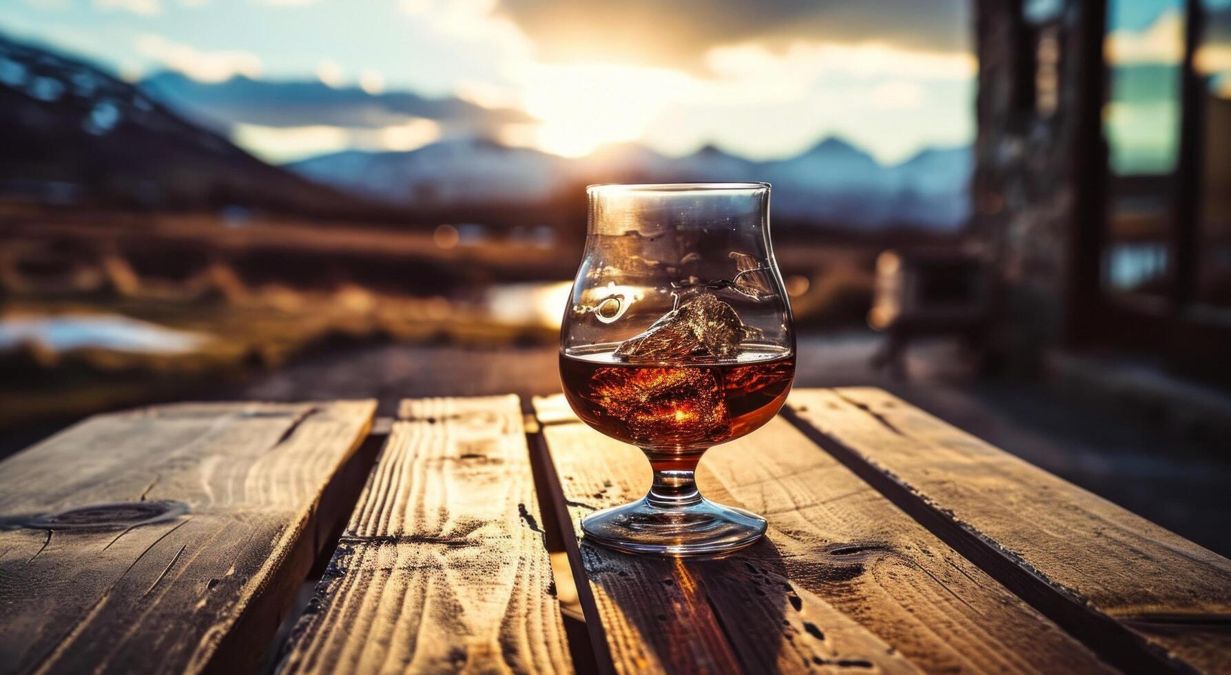 ai generado un vaso de escocés whisky sentado en un de madera mesa con algunos montañas en el antecedentes foto