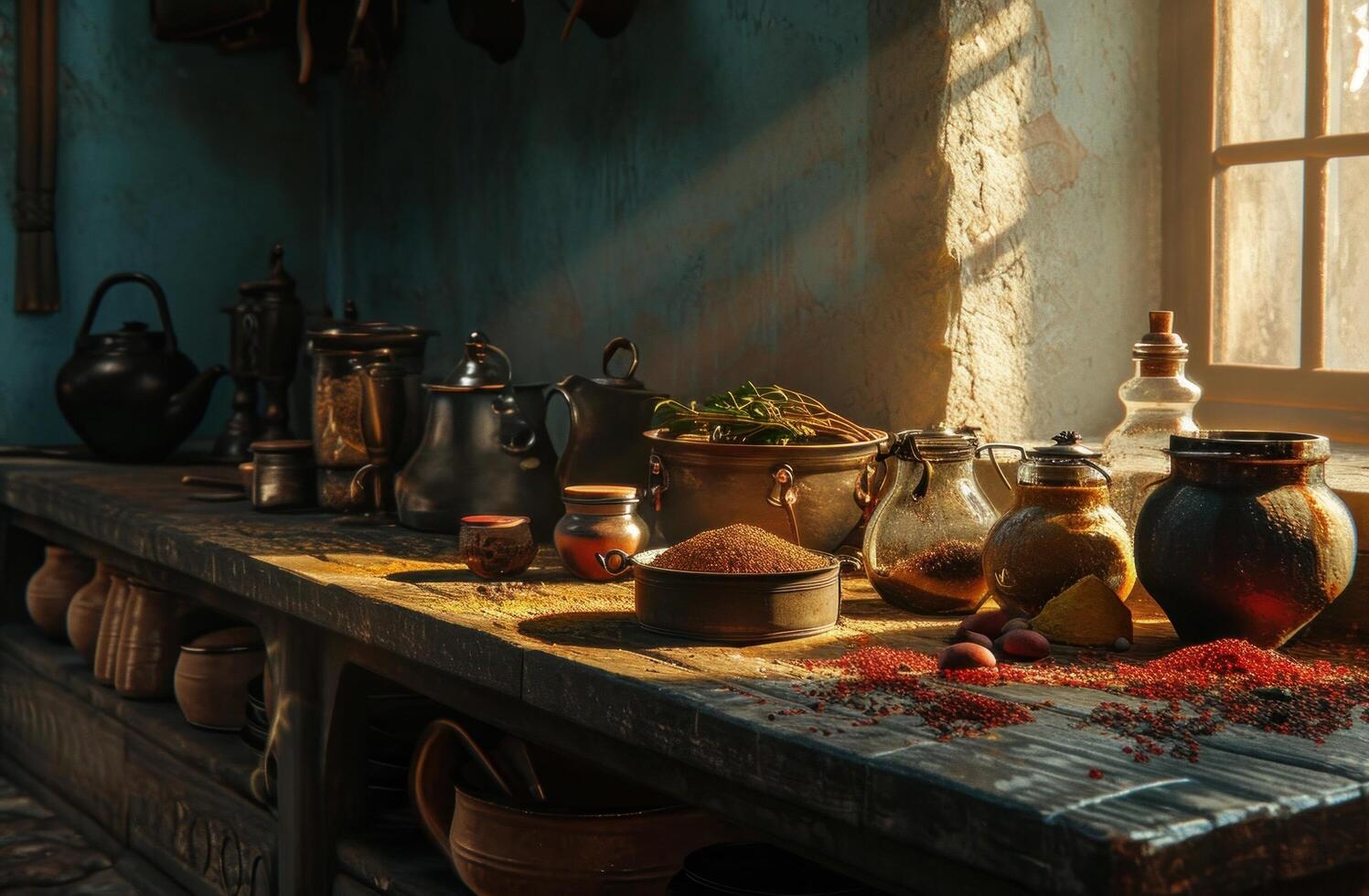 AI generated a free cooking scene with spices and pots photo
