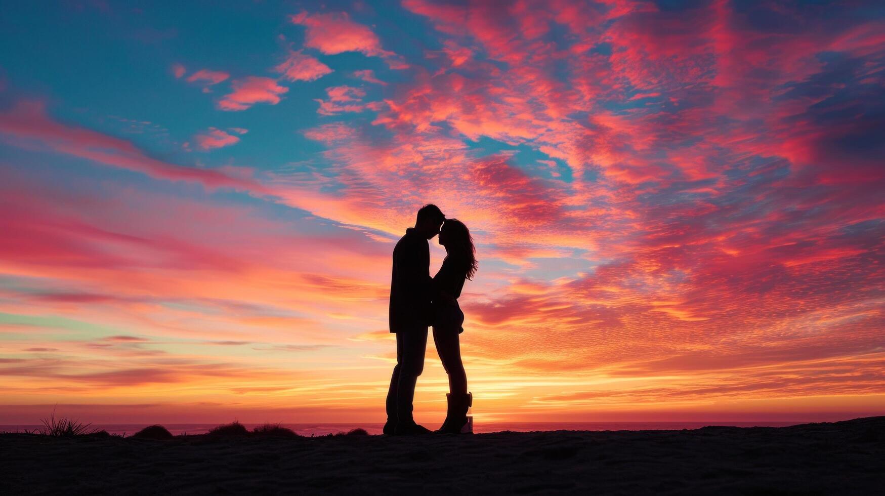 AI generated breathtaking image capturing the silhouette of a couple embracing against a vibrant sunset photo