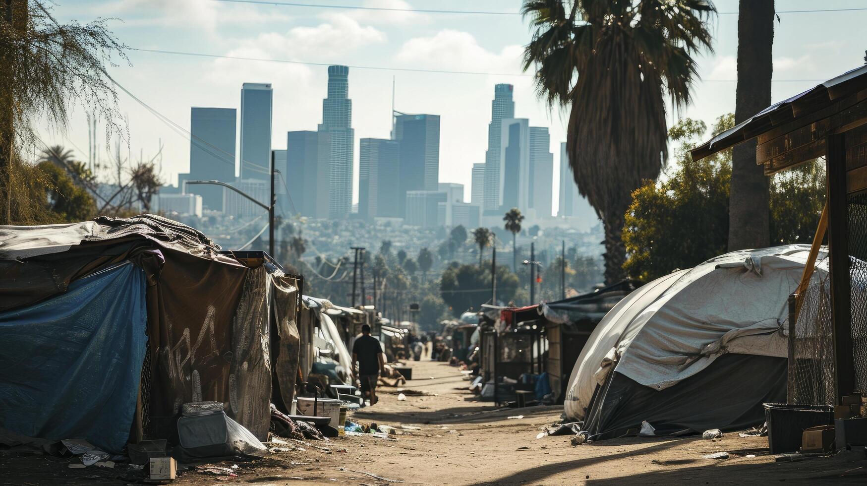 AI generated Refugee camp shelter for homeless in front of Los Angeles City Skyline photo