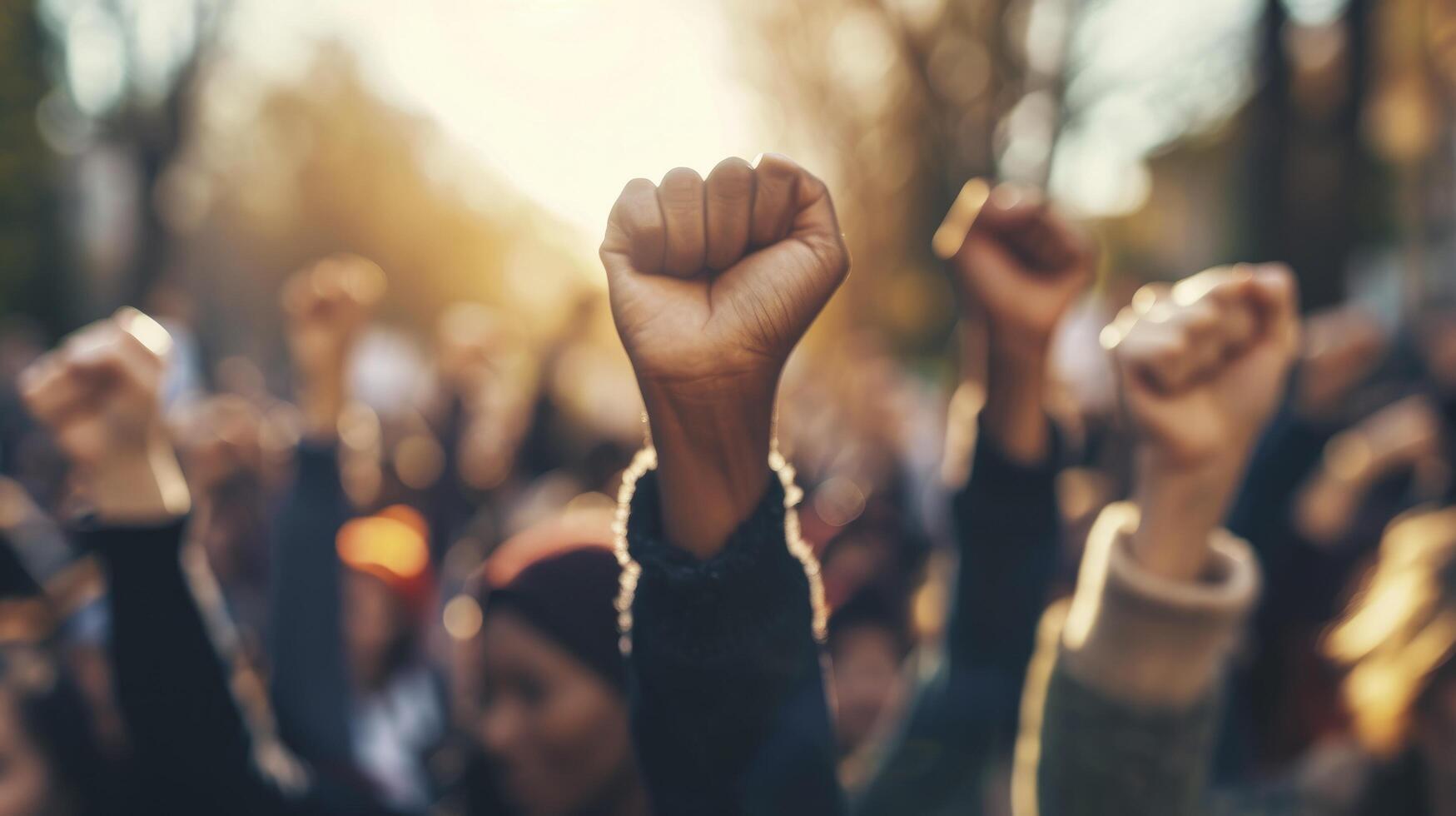 AI generated Multi-ethnic people raise their fists up in the air in a protest. photo