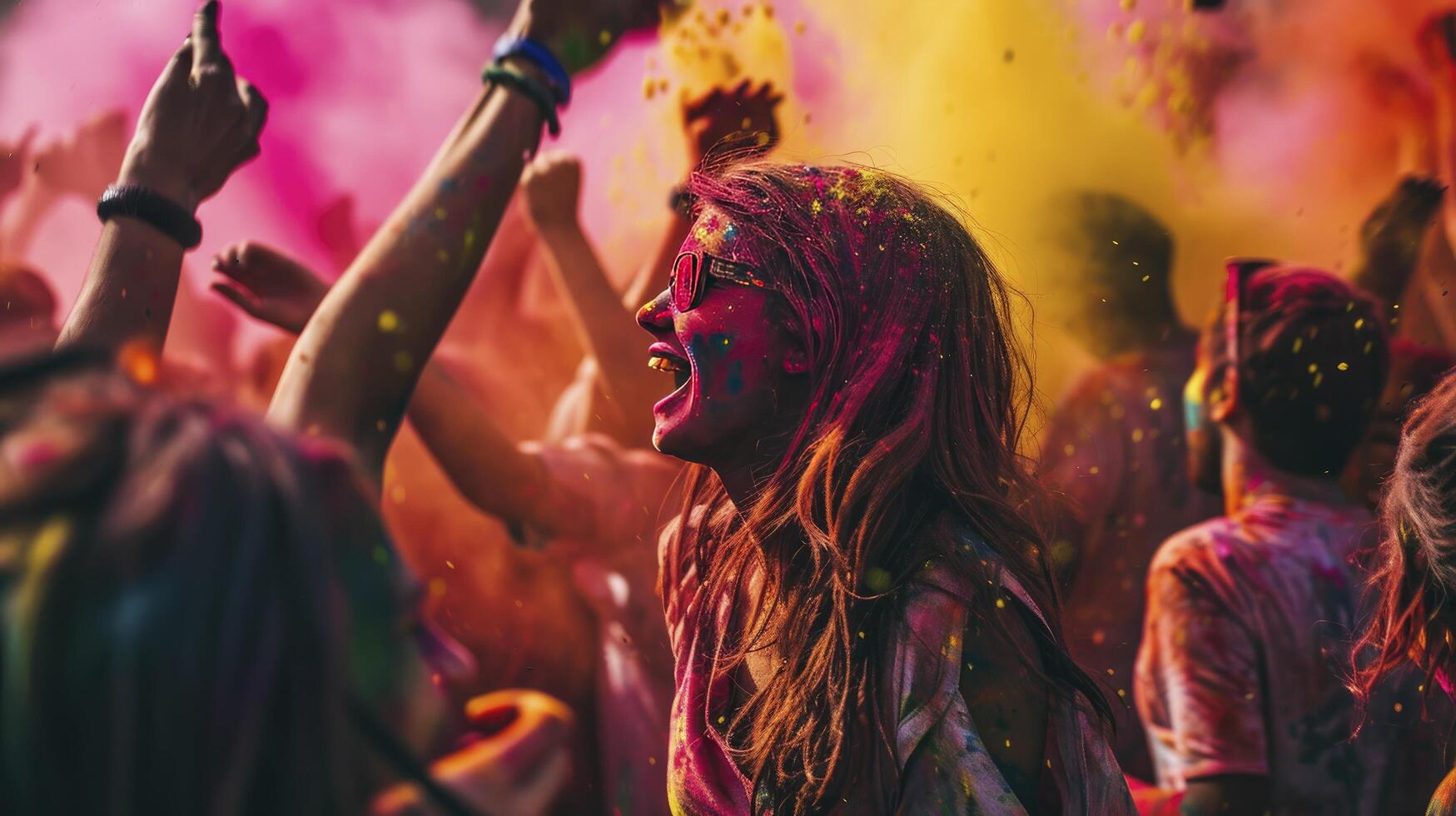 ai generado personas celebrando para holi festival de color en Nepal, India ejemplar diseño foto