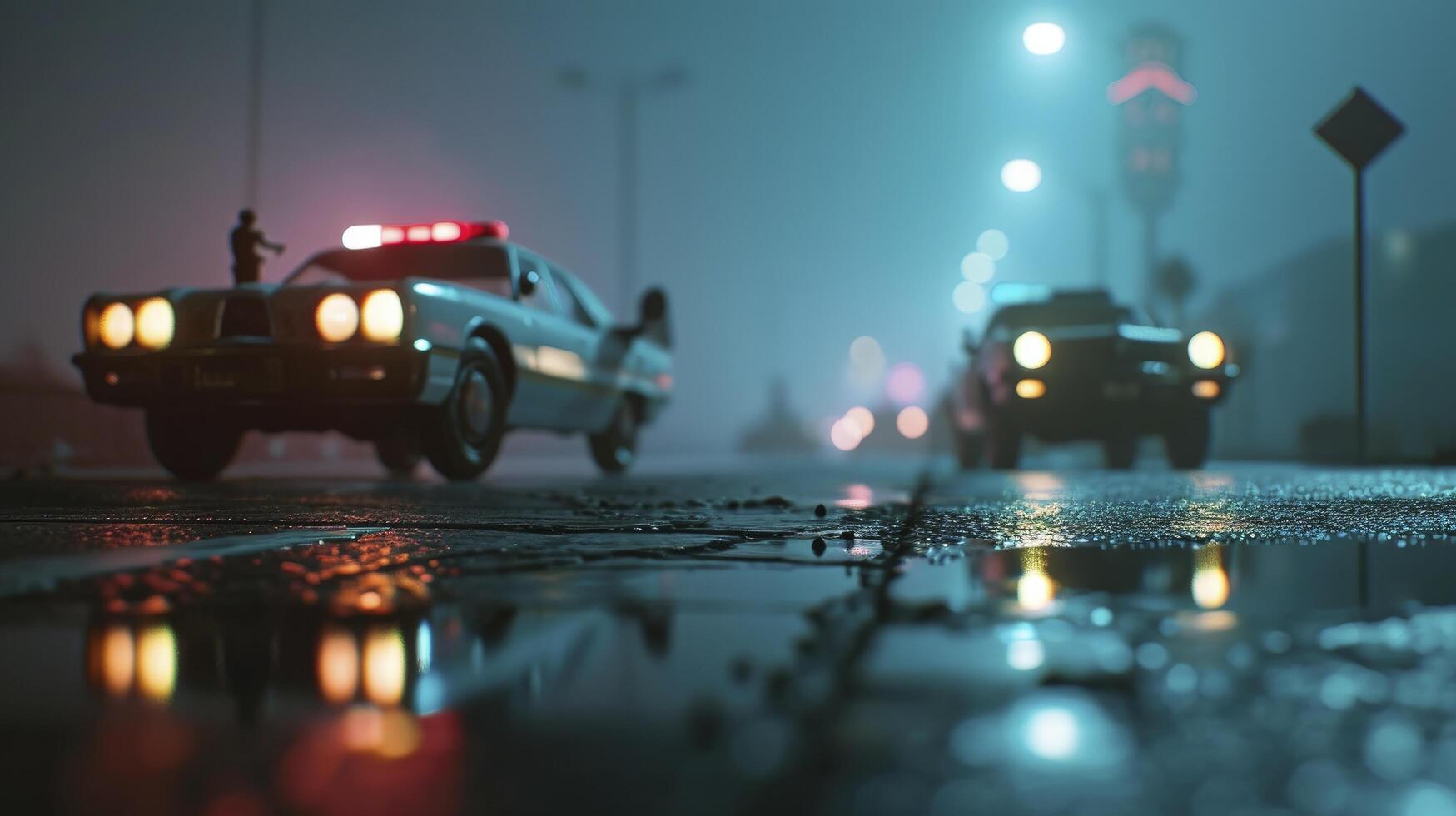 AI generated Idea for an action film. On a foggy, dark background, police cars and a miniature movie are displayed. A nighttime pursuit by a police cruiser. accident at the crime scene photo