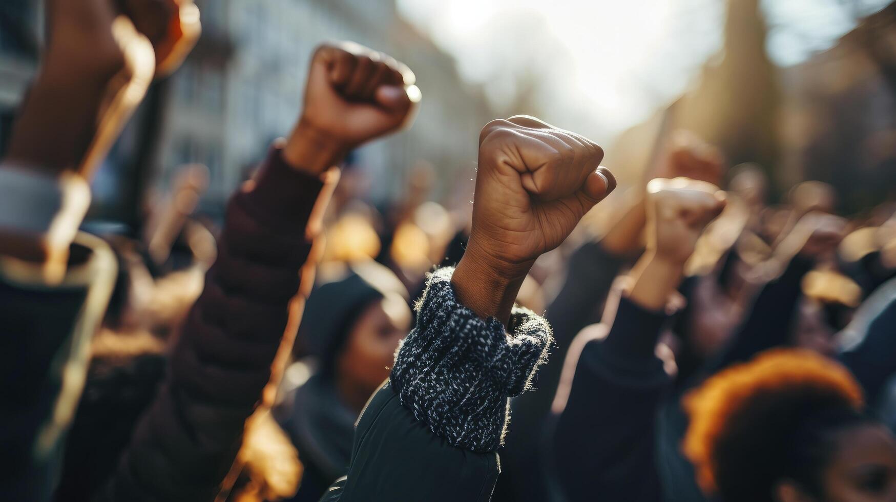 AI generated Multi-ethnic people raise their fists up in the air in a protest. photo