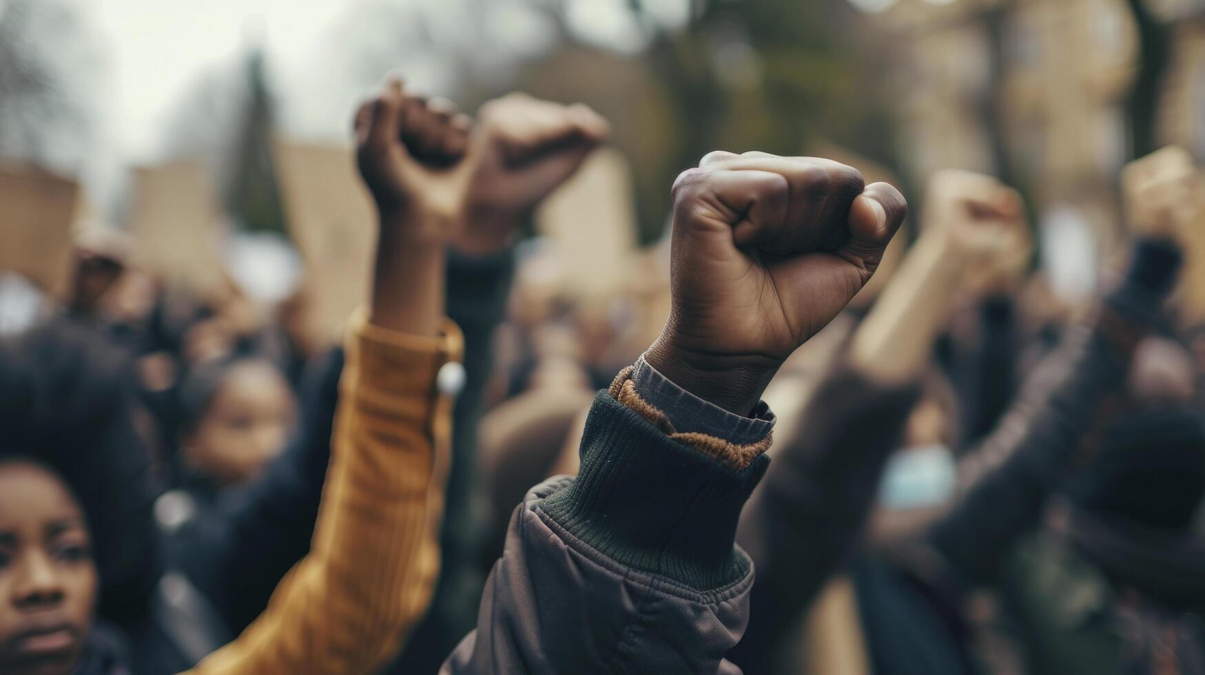 AI generated Multi-ethnic people raise their fists up in the air in a protest. photo