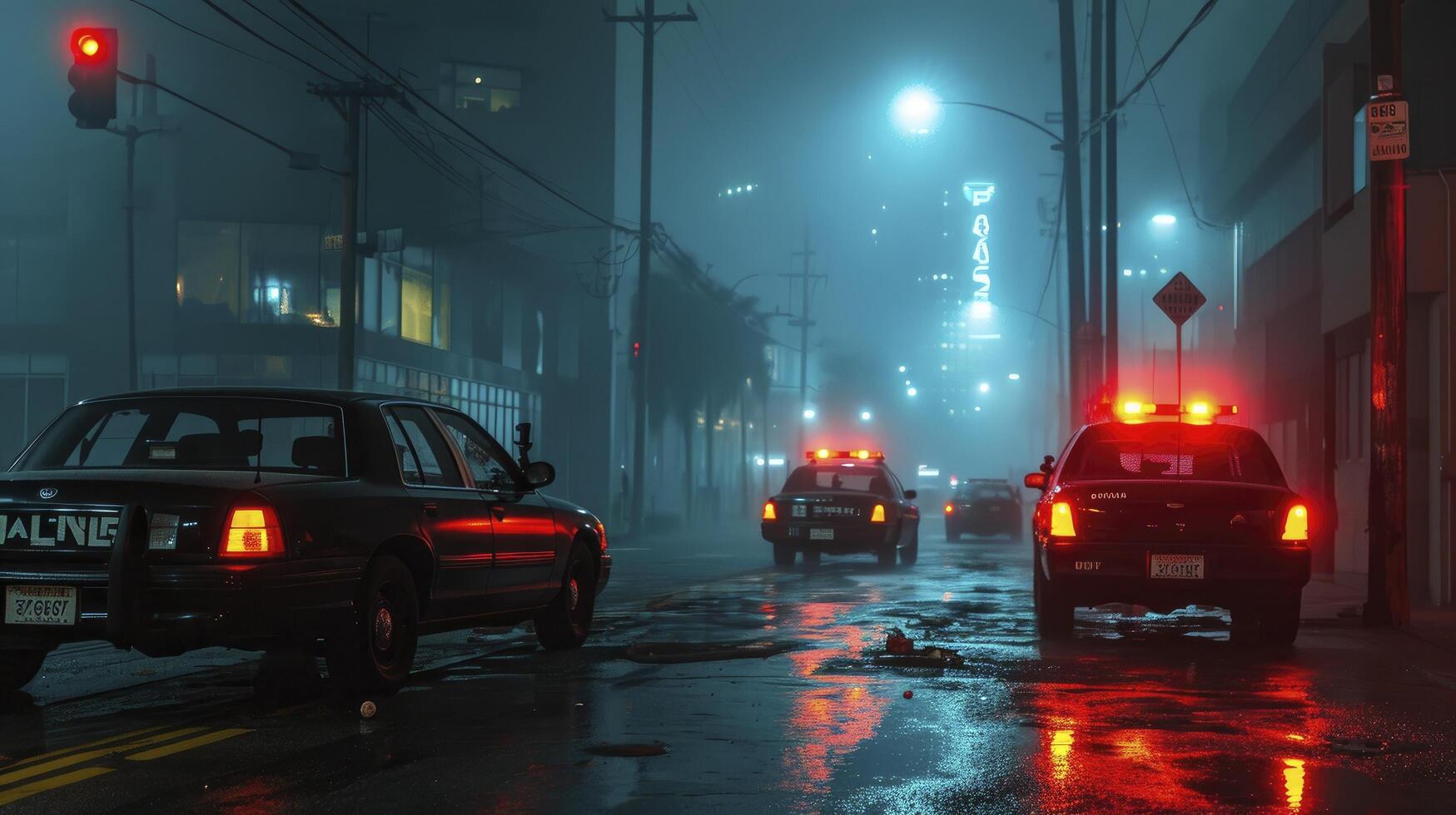 AI generated Idea for an action film. On a foggy, dark background, police cars and a miniature movie are displayed. A nighttime pursuit by a police cruiser. accident at the crime scene photo