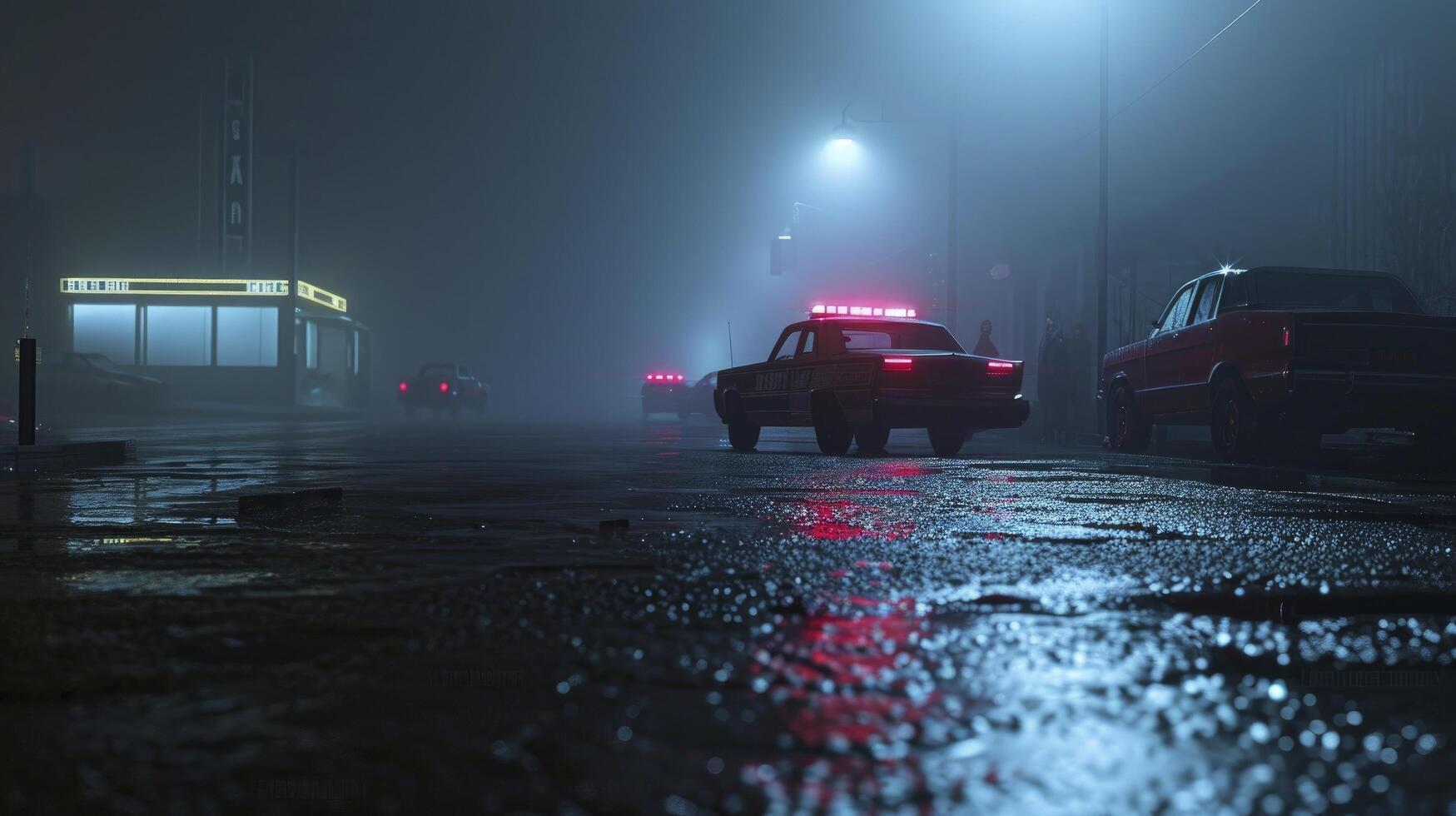 AI generated Idea for an action film. On a foggy, dark background, police cars and a miniature movie are displayed. A nighttime pursuit by a police cruiser. accident at the crime scene photo