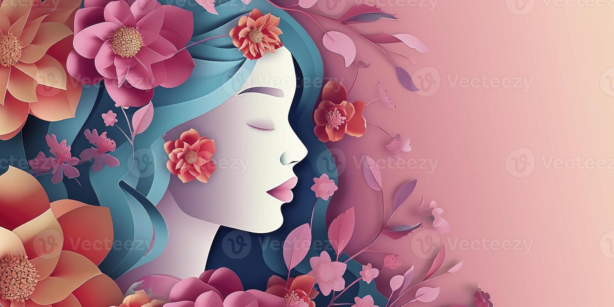 AI generated Illustration of face and flowers style paper cut with copy space for international women's day photo