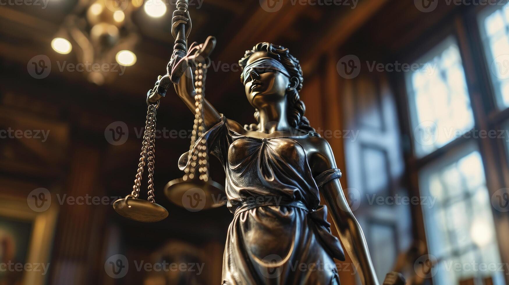 ai generado dama de justicia estatua con los ojos vendados guardián. en un abogados oficina, ejemplificando el búsqueda de verdad y justicia foto