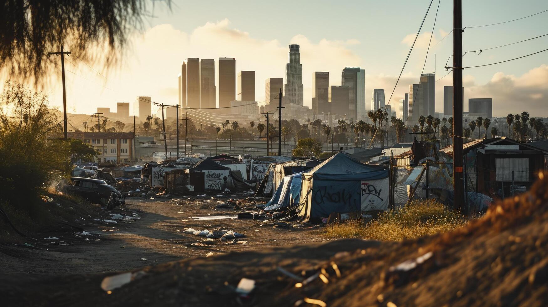 ai generado refugiado acampar abrigo para Vagabundo en frente de los angeles ciudad horizonte foto