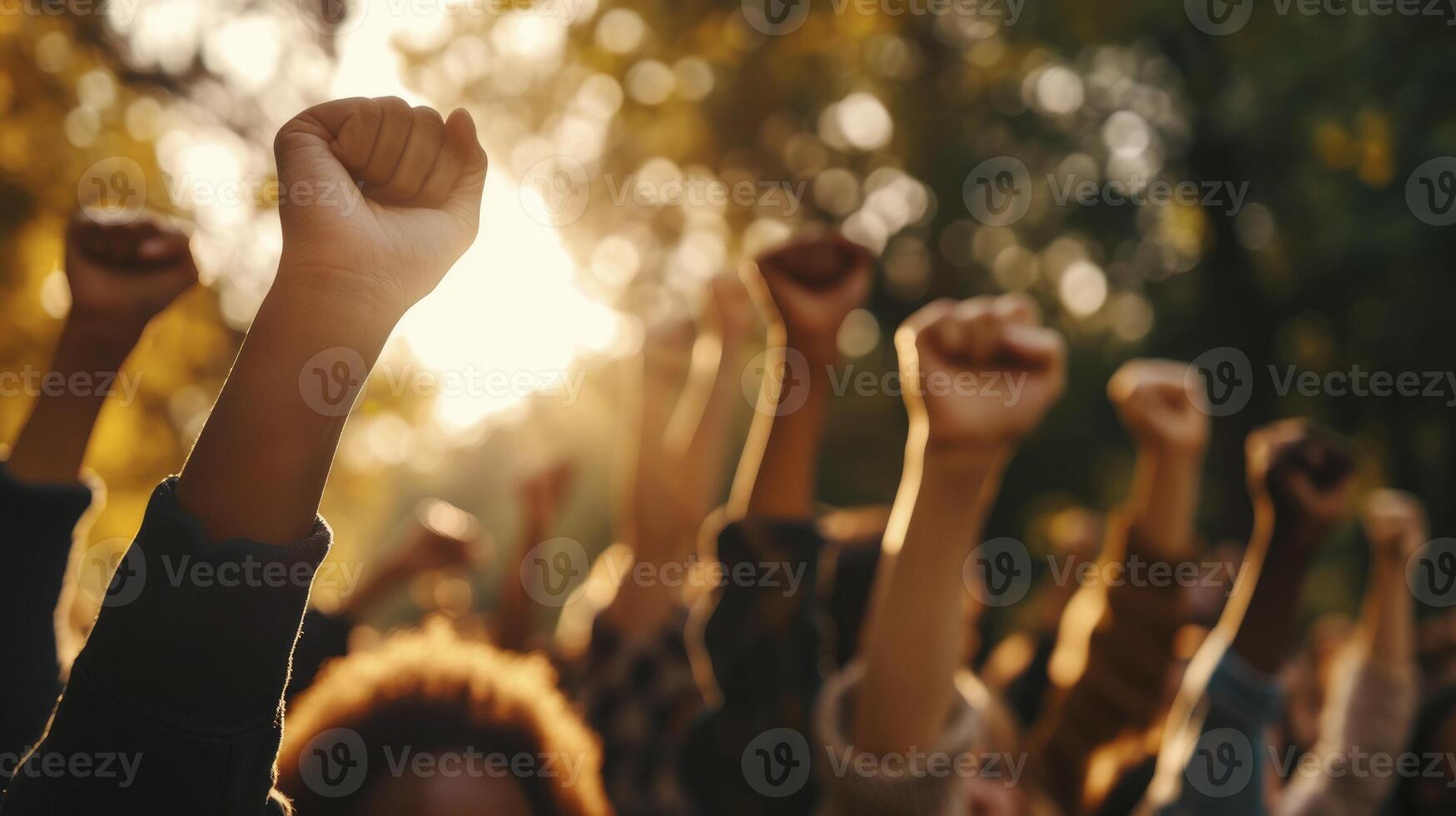 ai generado multiétnico personas aumento su puños arriba en el aire en un protesta. foto