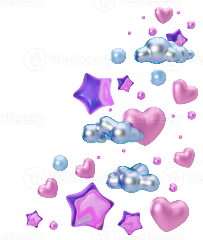 levendig Purper sterren, glimmend harten, wolken Aan transparant achtergrond. grens, hoek ontwerp element. partij, valentijnsdag dag, verjaardag decoratie. besnoeiing uit. perfect voor feesten, uitnodigingen. 3d. png