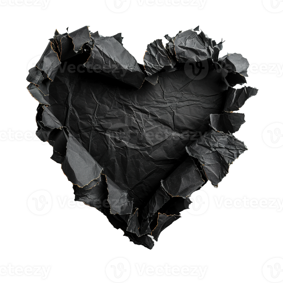 AI generated Blank, black piece of paper, heart shape. On transparent background. Ripped, jagged page. With empty space for text. png