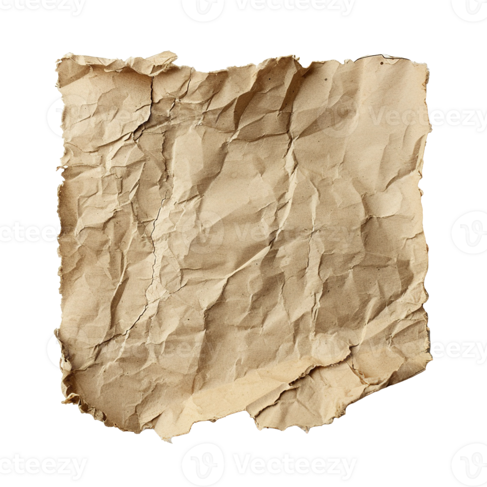 AI generated Aged brown sheet of paper, square shape. On transparent background. Ripped, jagged page. With empty space for text. png