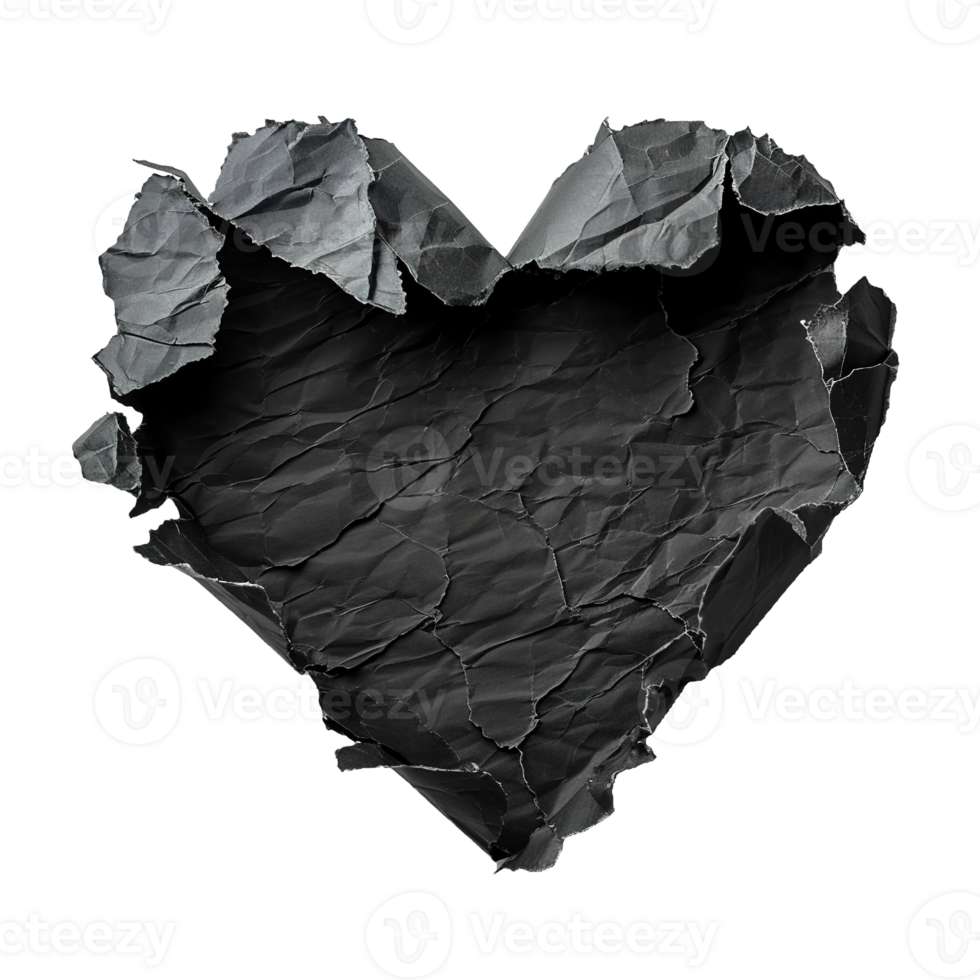 AI generated Blank, black piece of paper, heart shape. On transparent background. Ripped, jagged page. With empty space for text. png