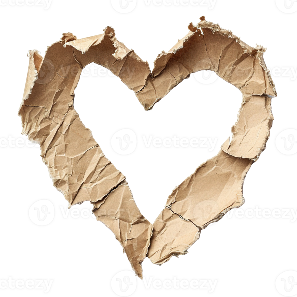 AI generated Blank brown piece of paper, heart shape. On transparent background. Ripped, jagged page. With empty space for text. png