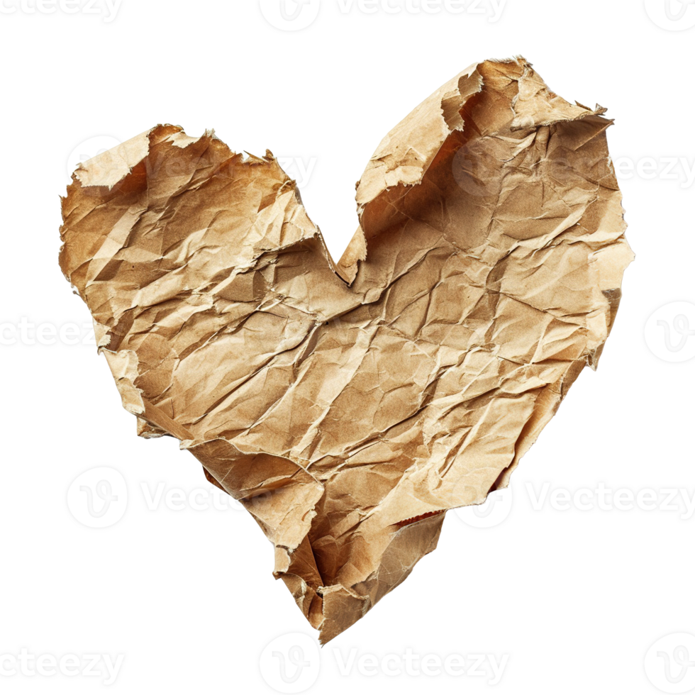 AI generated Blank brown piece of paper, heart shape. On transparent background. Ripped, jagged page. With empty space for text. png