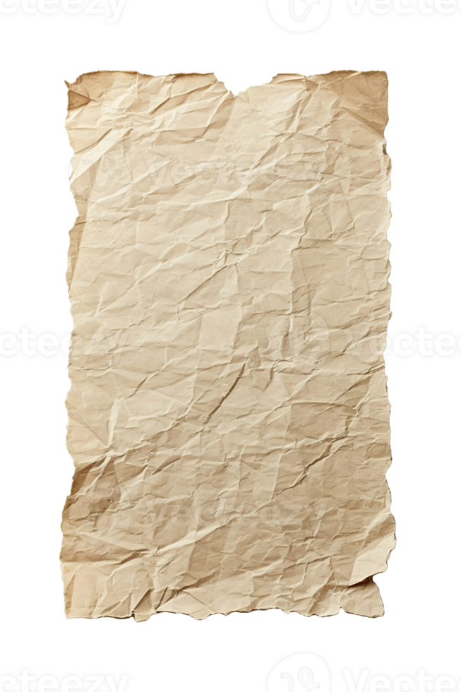 AI generated Blank, brown sheet of paper, vertical rectangular shape. On transparent background. Ripped, jagged page. With empty space for text. png