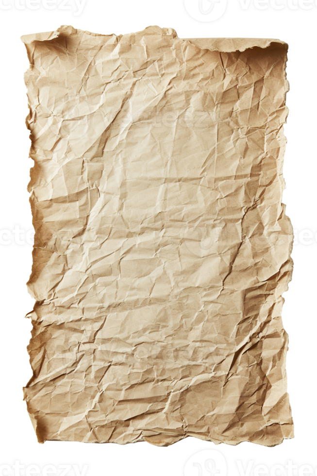 AI generated Blank, brown sheet of paper, vertical rectangular shape. On transparent background. Ripped, jagged page. With empty space for text. png