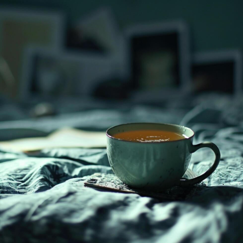 ai generado un pequeño taza de té soportes en un cama en frente de algunos imágenes foto