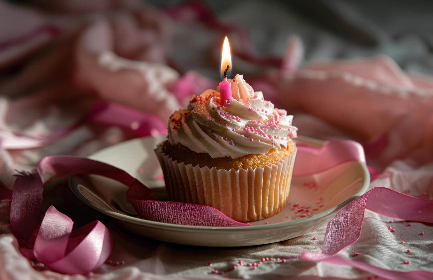 AI generated a pink cupcake with a candle and pink ribbons photo