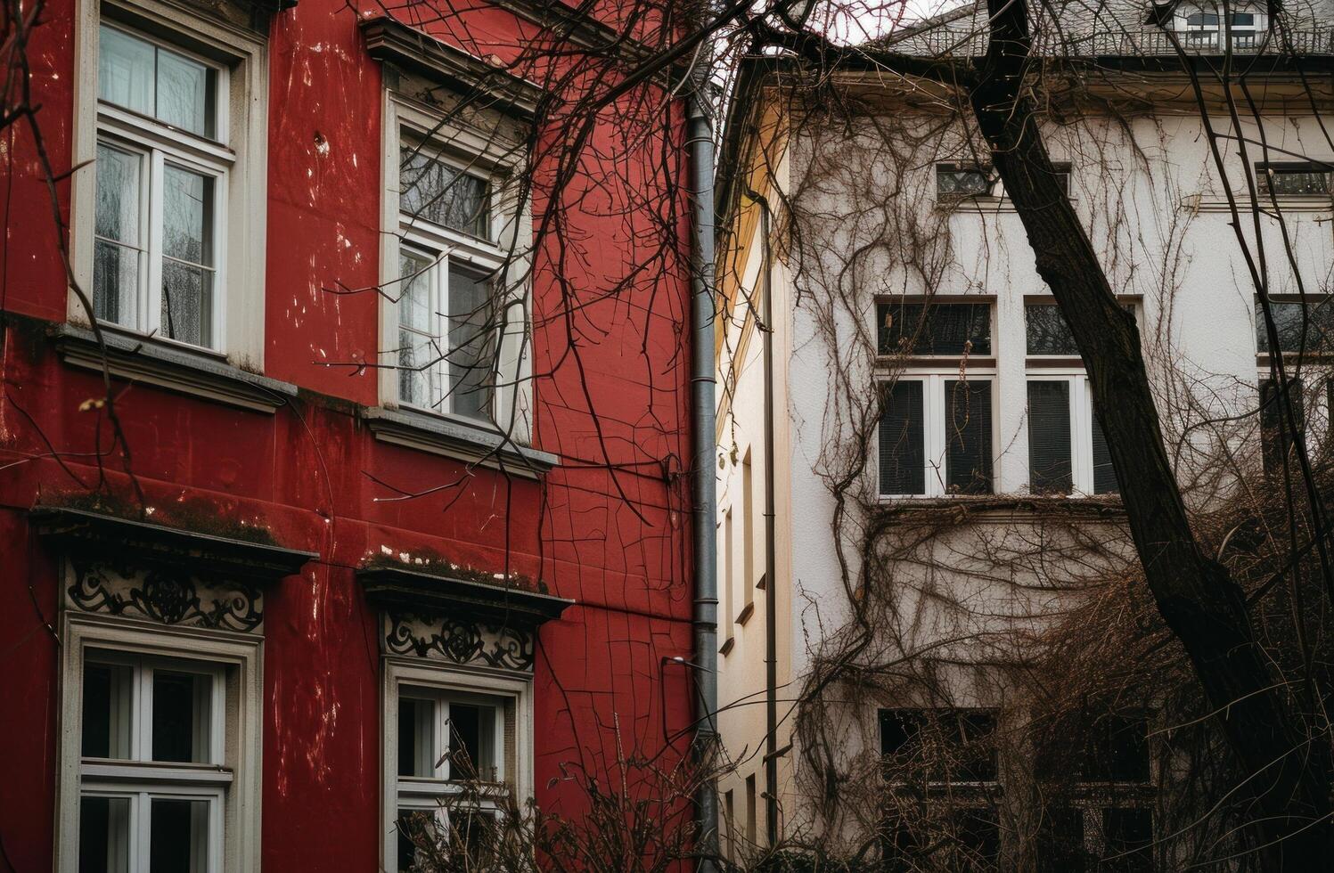 AI generated two buildings with red siding and white details photo