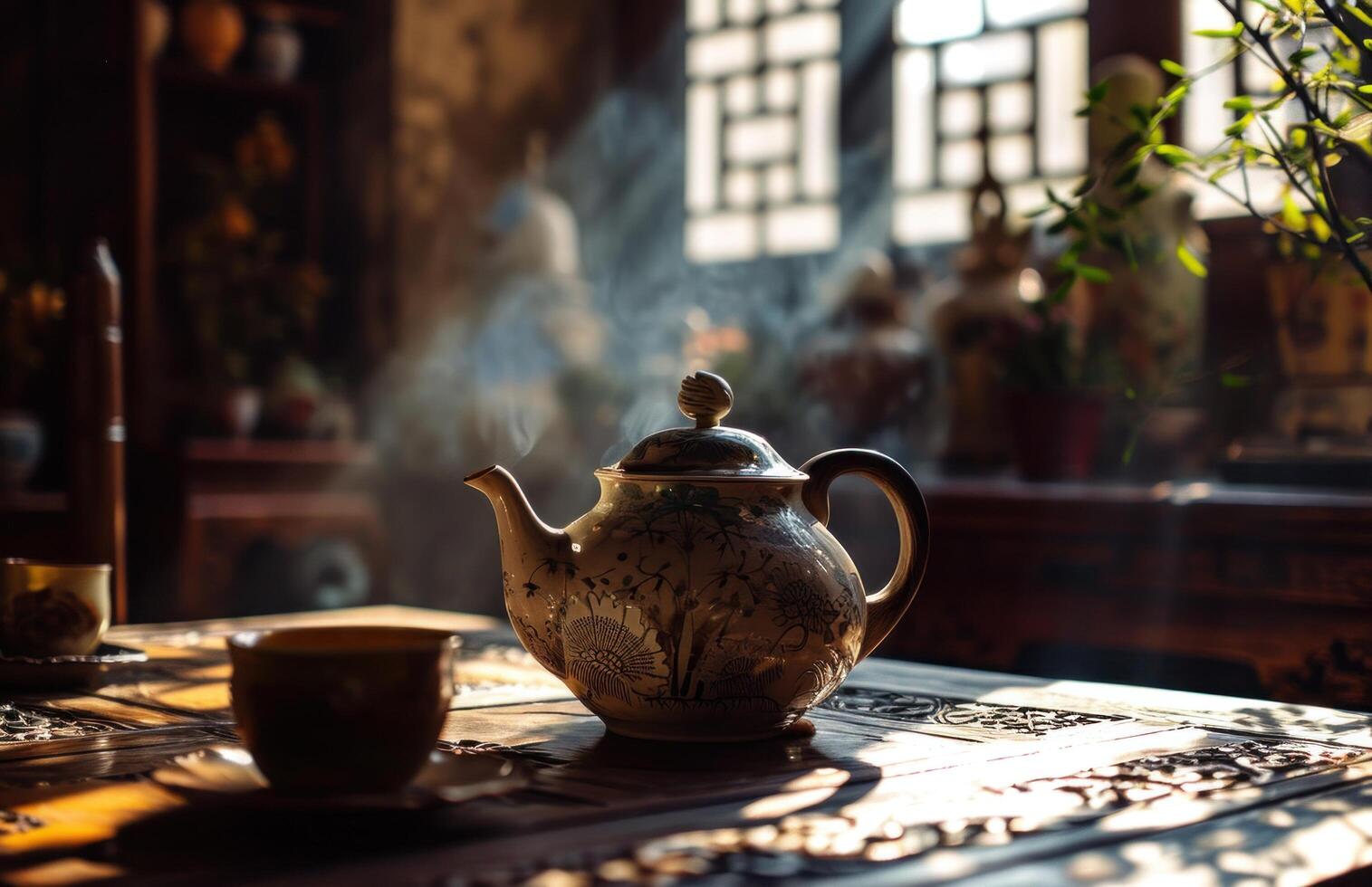 AI generated a china teapot sitting in front of a table photo