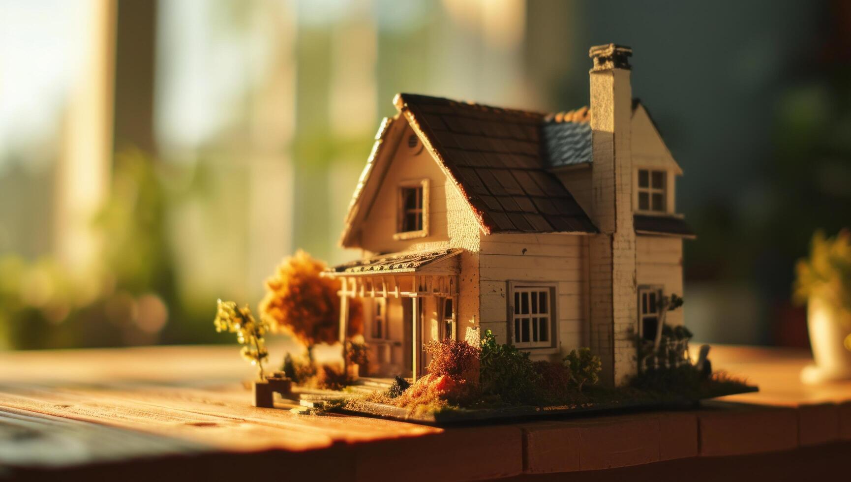 ai generado un casa miniatura es en un de madera mesa foto