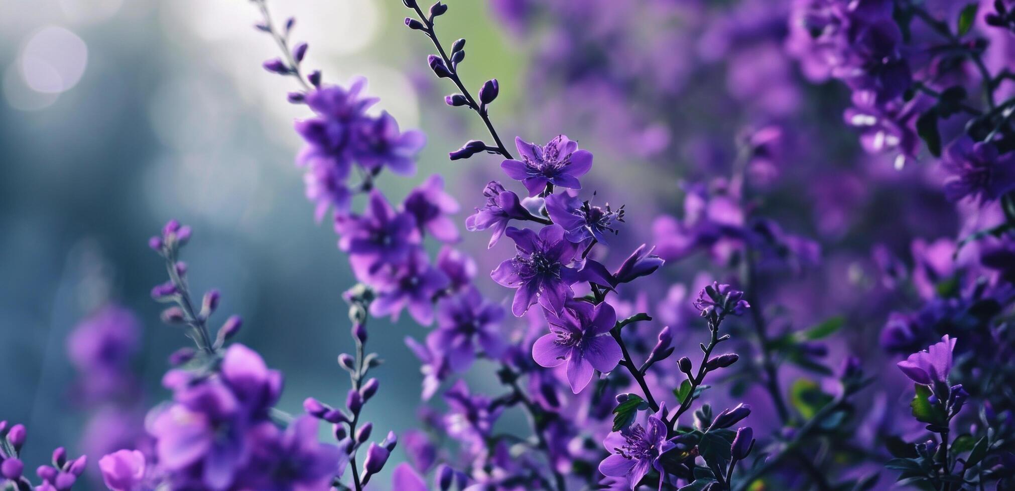 ai generado un imagen de púrpura flores con un borroso antecedentes y árbol rama foto