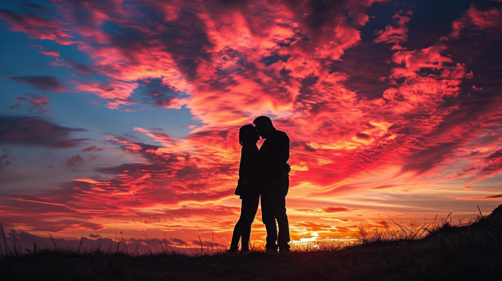 AI generated breathtaking image capturing the silhouette of a couple embracing against a vibrant sunset photo