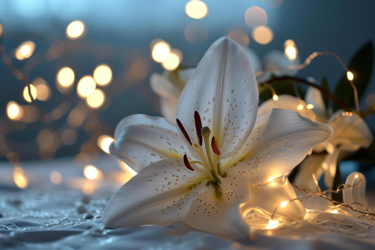 AI generated a lily flower decoration with lights on a backdrop photo
